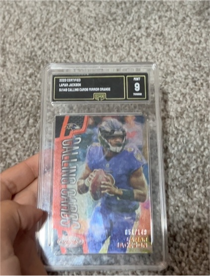 2023 Panini Certified #8/149 Lamar Jackson Calling Card Mirror Orange — front