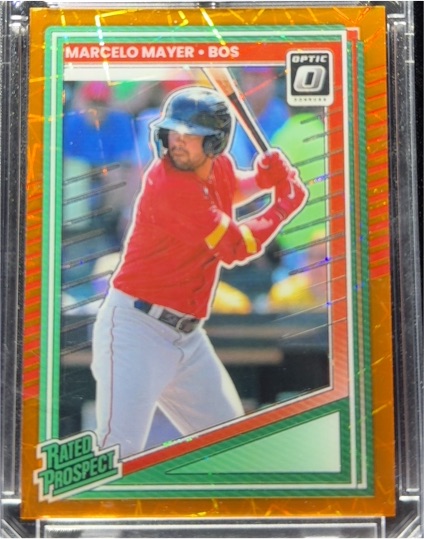 2025 Donruss Optic #109 Marcelo Mayer Orange Velocity Prizm Rated Prospect — front