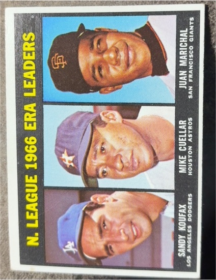 1967 Topps #234 National League 1966 ERA Leaders Sandy Koufax Mike Cuellar Juan Marichal — front