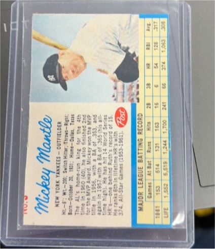 1962 Post Cereal #5 Mickey Mantle — front