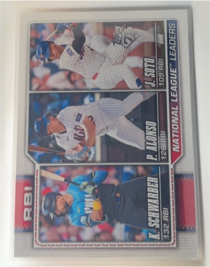 2026 Topps #11 National League Leaders RBI Kyle Schwarber / Pete Alonso / Juan Soto — front