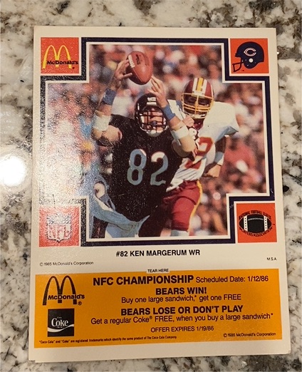 1985 McDonald's Chicago Bears #82 Ken Margerum — front