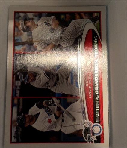 2012 Topps #302 2011 AL Home Run Leaders Jose Bautista, Curtis Granderson, Mark Teixeira — front