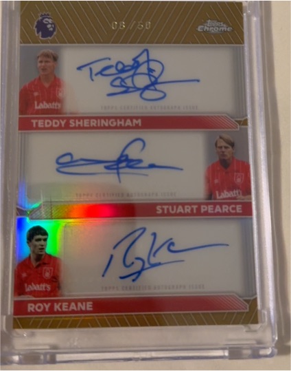 2026 Topps Chrome EPL #/50 Teddy Sheringham Stuart Pearce Roy Keane Triple Auto — front