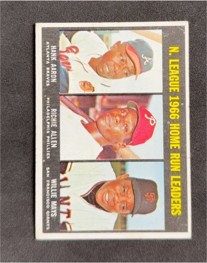 1967 Topps #244 NL 1966 Home Run Leaders Hank Aaron Richie Allen Willie Mays — front