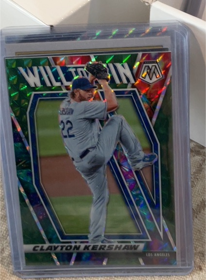 2021 Panini Mosaic #WTW5 Clayton Kershaw Will To Win Green Mosaic Prizm — front