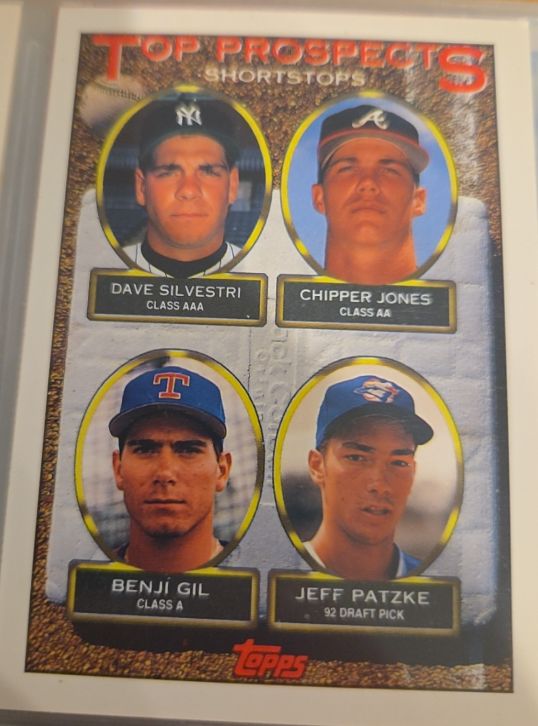 1993 Topps #529 Top Prospects Chipper Jones, Dave Silvestri, Benji Gil, Jeff Patzke — front