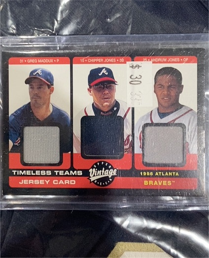 2002 Upper Deck Vintage Timeless Teams Triple Jersey Greg Maddux Chipper Jones Andruw Jones — front