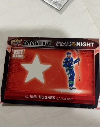 2021-22 Upper Deck Credentials #1S-8 Quinn Hughes Star of the Night: First Star — front