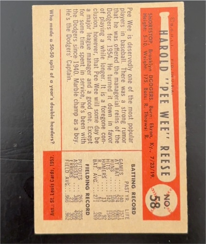 1952 Topps #58 Harold 'Pee Wee' Reese — front