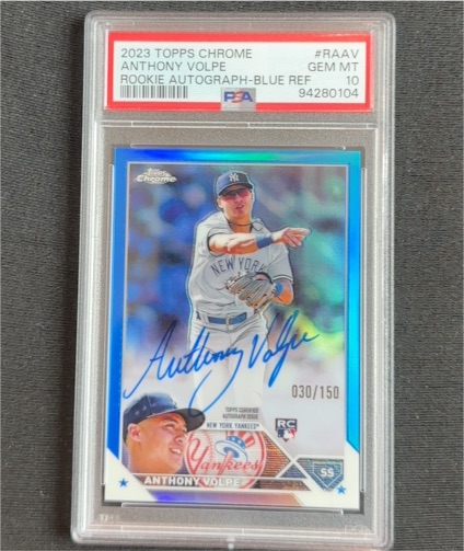2023 Topps Chrome #RAAV Anthony Volpe Rookie Autograph Blue Refractor — front
