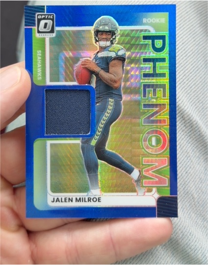2025 Donruss Optic #RPBH-JME Jalen Milroe Rookie Phenom Blue Hyper Prizm Patch — front
