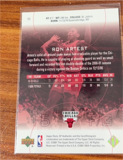 2000-01 Upper Deck Ovation #8 Ron Artest Chicago Bulls — front