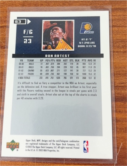 2003 Upper Deck #63 Ron Artest — front