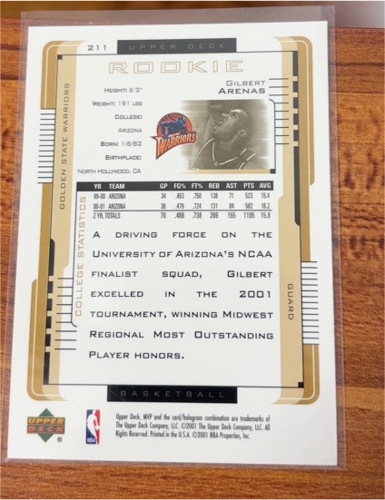 2001-02 Upper Deck MVP #211 Gilbert Arenas Rookie — front
