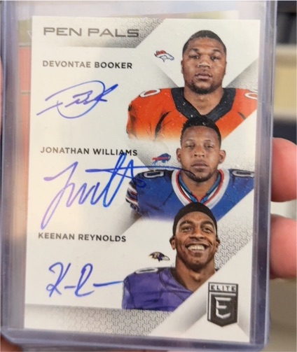 2016 Donruss Elite Pen Pals Triple Auto #PPR-BWR Devontae Booker Jonathan Williams Keenan Reynolds — front