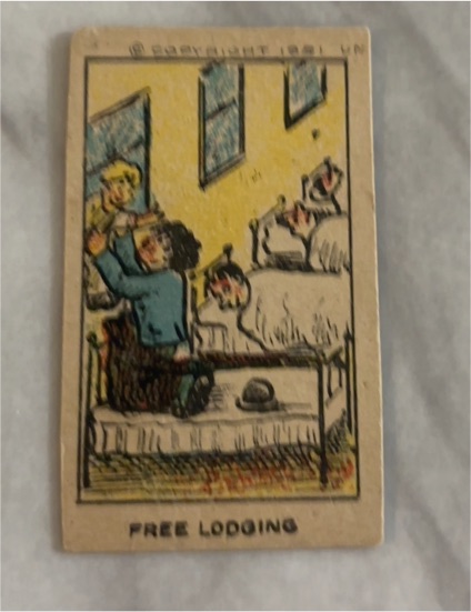 1921 Free Lodging Victorian Trade Card — front