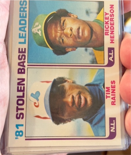 1982 Topps #164 '81 Stolen Base Leaders Rickey Henderson / Tim Raines — front