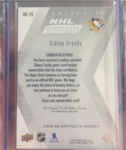 2025-26 Upper Deck Artifacts NHL Remnants #NR-26 Sidney Crosby — front