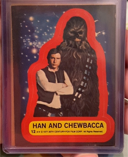 1977 Topps Star Wars Sticker #12 Han and Chewbacca — front