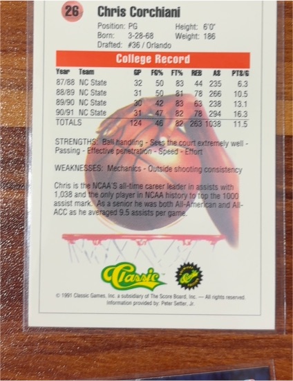 1991 Classic Draft Picks #26 Chris Corchiani — front