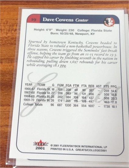 2001 Fleer Greats of the Game #19 Dave Cowens — front
