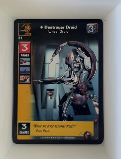 1999 Decipher Star Wars Young Jedi CCG Menace of Darth Maul Destroyer Droid Wheel Droid #89 — front