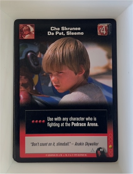 1999 Decipher Young Jedi CCG #49 Cha Skrunee Da Pat, Sleemo — front