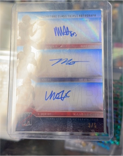 2023 Panini Triple Autograph #3/5 Mikal Bridges / Obi Toppin / Xavier Worthy — front