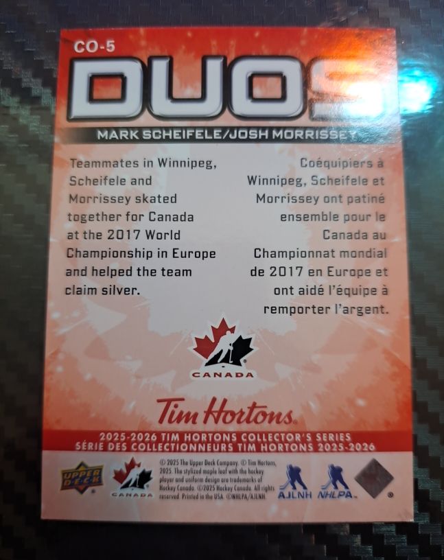 2025-26 Upper Deck Tim Hortons #CO-5 Mark Scheifele/Josh Morrissey — front