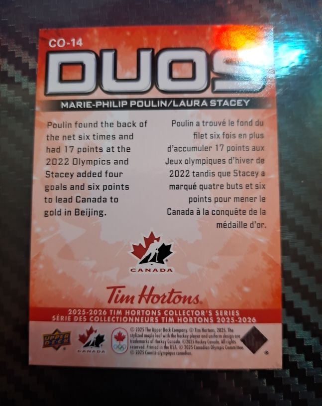 2025-26 Upper Deck Tim Hortons Team Canada Duos #CO-14 Marie-Philip Poulin / Laura Stacey — front
