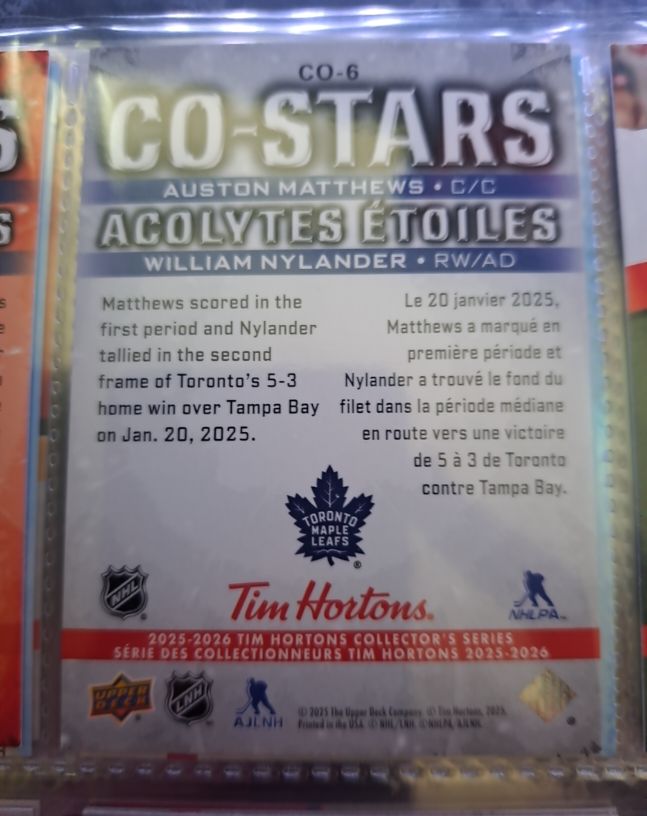 2025-26 Tim Hortons #CO-6 Auston Matthews & William Nylander Co-Stars — front