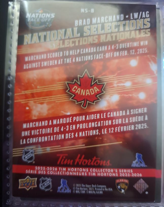 2025-26 Upper Deck Tim Hortons National Selections #NS-8 Brad Marchand — front