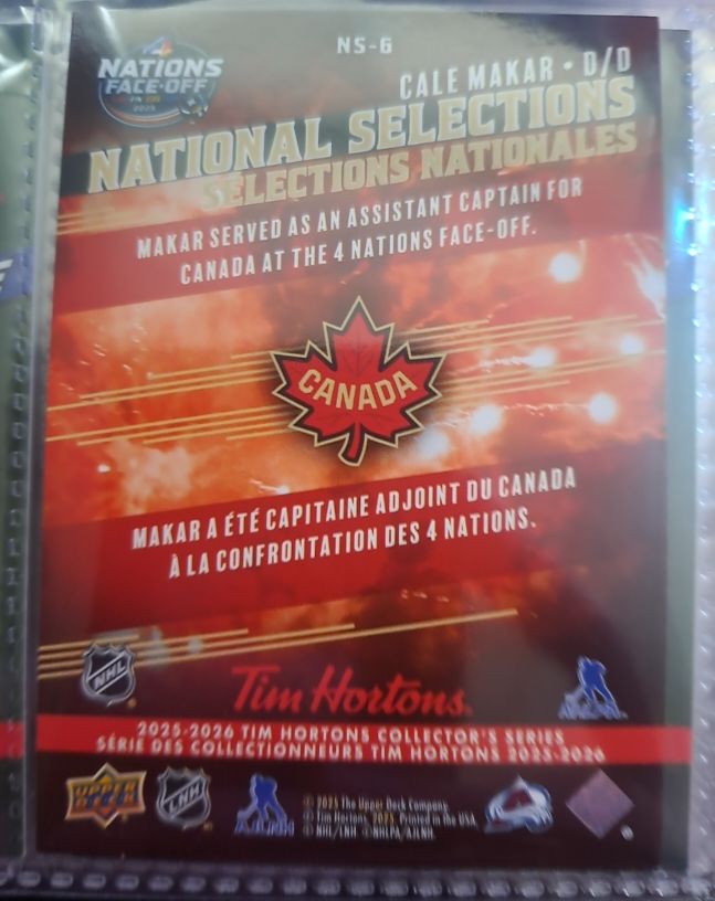 2025-26 Upper Deck Tim Hortons #NS-6 Cale Makar — front