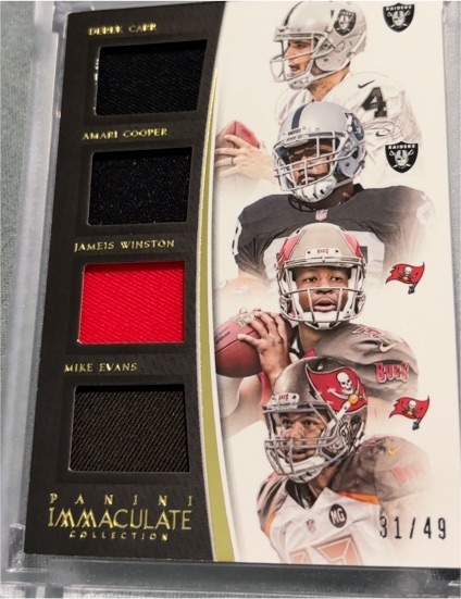 2015 Panini Immaculate #IQJ-CCWE Derek Carr/Amari Cooper/Jameis Winston/Mike Evans Quad Patch — front