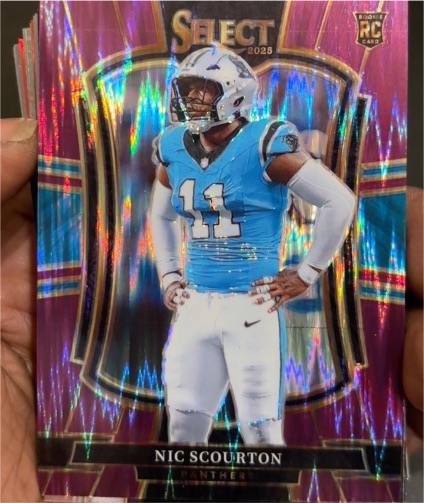 2025 Panini Select #143 Nic Scourton Premier Level Red & Blue Shock Prizm RC Carolina Panthers — front
