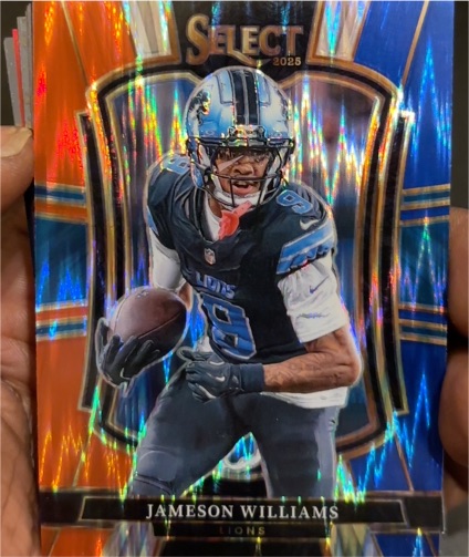 2025 Panini Select #171 Jameson Williams Premier Level Red & Blue Shock Prizm — front