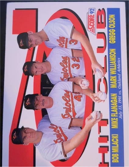 1992 Score #427 Bob Milacki / Mike Flanagan / Mark Williamson / Gregg Olson — front