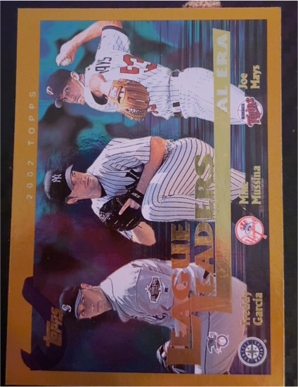 2002 Topps #341 Freddy Garcia / Mike Mussina / Joe Mays League Leaders — front