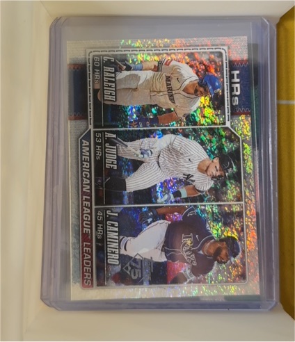 2026 Topps Series 1 #38 American League Leaders HRs Cal Raleigh Aaron Judge Junior Caminero — front