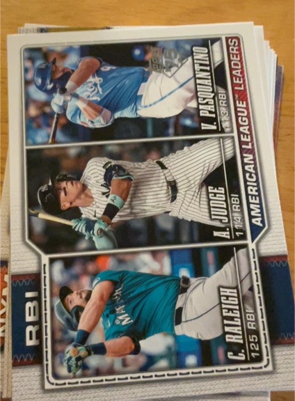 2026 Topps #211 American League Leaders RBI Vinnie Pasquantino / Aaron Judge / Cal Raleigh — front