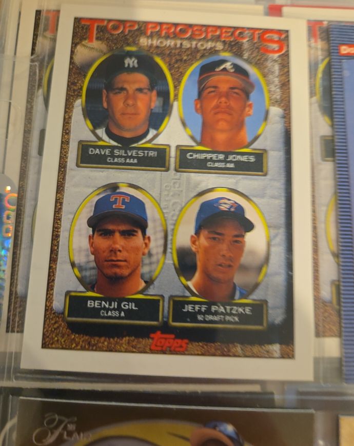 1993 Topps #529 Top Prospects Dave Silvestri, Chipper Jones, Benji Gil, Jeff Patzke — front