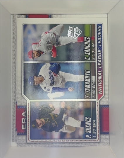 2026 Topps Series 1 #203 National League ERA Leaders Paul Skenes, Yoshinobu Yamamoto, Cristopher Sanchez — front