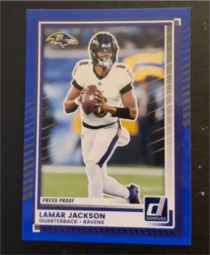 2025 Donruss #102 Lamar Jackson Press Proof Blue — front