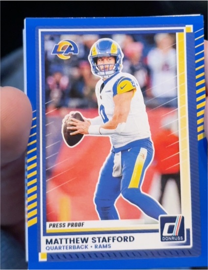 2025 Panini Donruss #296 Matthew Stafford Press Proof Blue — front