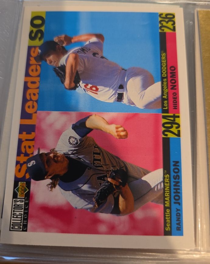 1996 Upper Deck Collector's Choice #7 Randy Johnson / Hideo Nomo Stat Leaders — front