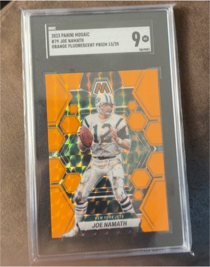 2023 Panini Mosaic #79 Joe Namath Orange Fluorescent Prizm — front