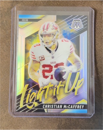 2025 Panini Mosaic #5 Christian McCaffrey Light It Up Silver Prizm 49ers — front