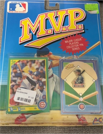 1990 Ace Novelty MVP Mark Grace Collector Pin & Score Baseball Card — front