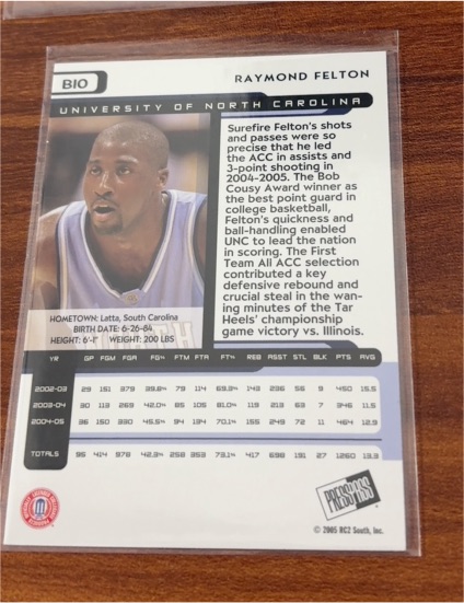 2005 Press Pass Raymond Felton #BIO North Carolina Tar Heels — front